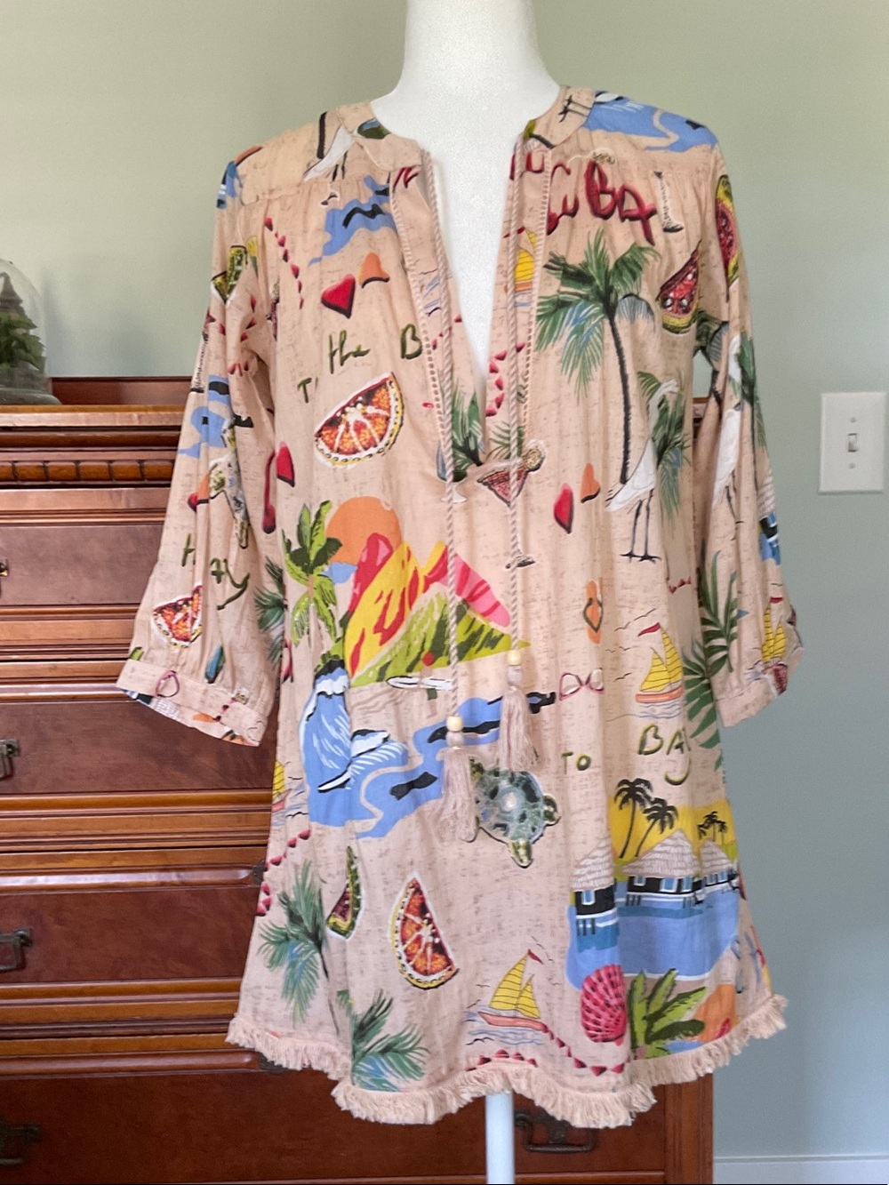 NWT True Destinations Cotton Fringed Tassel Neck Tropical Swim Cover Up Size S - Picture 4 of 14